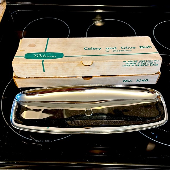Vtg. MCM Danish style Milbern Celery Olive Dish Chromium Wood Base 14"x5" NIB - Picture 1 of 5